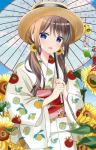  1girl :d bangs blue_eyes blue_sky blurry blurry_foreground blush brown_hair brown_headwear clouds commentary_request day depth_of_field eyebrows_visible_through_hair flower food_print hair_between_eyes hair_flower hair_ornament highres holding holding_umbrella japanese_clothes kimono lemon_print long_hair long_sleeves looking_at_viewer low_twintails obi open_mouth oriental_umbrella original outdoors print_kimono ryoutan sash sky smile snowflake_hair_ornament solo sunflower transparent transparent_umbrella twintails umbrella upper_body white_kimono wide_sleeves wind_chime yellow_flower 