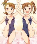  2girls :d bare_legs barefoot blue_swimsuit breasts brown_hair commentary_request feet futami_ami futami_mami green_scrunchie grin hair_ornament hair_scrunchie idolmaster idolmaster_(classic) leg_up light_blush looking_at_viewer multiple_girls no.gomesu one-piece_swimsuit open_mouth pink_eyes pov_feet scrunchie short_hair siblings side_ponytail small_breasts smile soles star starry_background swimsuit toes twins yellow_scrunchie 