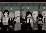  3girls 6+boys avogado6 bag bags_under_eyes black_bag black_eyes black_hair black_jacket black_neckwear black_pants black_skirt blank_stare book briefcase business_suit cellphone closed_mouth collared_shirt commentary_request empty_eyes flat_color formal gakuran grey_hair grey_jacket grey_pants grey_skirt hair_between_eyes hair_over_one_eye half-closed_eyes hand_up holding holding_bag holding_book holding_briefcase holding_clothes holding_jacket holding_phone jacket jacket_removed letterboxed limited_palette long_hair long_sleeves looking_at_viewer looking_away looking_down low_ponytail messy_hair multiple_boys multiple_girls necktie no_mouth no_pupils noose object_hug original pants phone reading school_bag school_uniform shadow shirt short_hair shoulder_bag skirt skirt_set skirt_suit smartphone spot_color suit train_interior translated v_arms white_bag white_eyes white_hair white_shirt wing_collar 