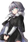  1girl bangs black_capelet black_dress blush cape capelet closed_mouth commentary_request dress eyebrows_visible_through_hair fate_(series) fur-trimmed_capelet fur_trim gray_(lord_el-melloi_ii) green_eyes grey_cape hair_between_eyes holding hood hood_up hooded_cape long_hair long_sleeves lord_el-melloi_ii_case_files own_hands_together shiao silver_hair simple_background solo white_background 