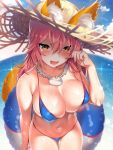  1girl animal_ear_fluff animal_ears bikini blue_bikini blue_sky blush breasts cleavage clouds covered_nipples day ears_through_headwear fate/grand_order fate_(series) fox_ears fox_tail hand_up hat highres innertube kawai large_breasts light_particles long_hair looking_at_viewer navel ocean outdoors pink_hair side-tie_bikini skindentation sky smile solo sparkle straw_hat sun_hat swimsuit tail tamamo_(fate)_(all) tamamo_no_mae_(fate) tamamo_no_mae_(swimsuit_lancer)_(fate) yellow_eyes 