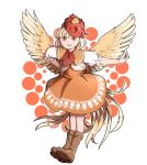  1girl bangs bird blonde_hair boots bow bowtie capelet chick dress eyebrows_visible_through_hair hand_on_hip highres looking_at_viewer mefomefo multicolored_hair niwatari_kutaka orange_skirt puffy_short_sleeves puffy_sleeves red_eyes red_ribbon ribbon shirt short_hair short_sleeves skirt smile solo touhou two-tone_hair white_shirt wings 