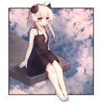  1girl absurdres barefoot black_dress clouds commentary_request dress highres horns kosobin original red_eyes short_dress short_hair sitting sky sleeveless sleeveless_dress solo sundress toes white_hair 