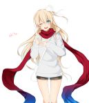  1girl ;d bag blonde_hair blue_eyes blush brown_shorts character_request eyebrows_visible_through_hair floating_hair grey_sweater hair_between_eyes hair_ribbon handbag highres long_hair long_sleeves looking_at_viewer lor_(roasyerizyonirapi) one_eye_closed open_mouth red_scarf ribbon scarf short_shorts shorts simple_background smile solo standing sweater thigh_gap very_long_hair white_background white_bag white_ribbon 