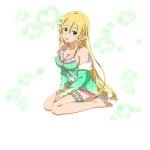  1girl barefoot blonde_hair breasts cardigan cleavage clothes_down collarbone elf full_body fur-trimmed_cardigan green_eyes hair_between_eyes highres leafa long_hair looking_at_viewer medium_breasts open_cardigan open_clothes pointy_ears shiny shiny_hair sideboob sitting soles solo sword_art_online thigh_strap transparent_background very_long_hair wariza white_cardigan 