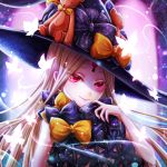  1girl abigail_williams_(fate/grand_order) bangs black_headwear blonde_hair bow bug butterfly eyebrows_visible_through_hair fate/grand_order fate_(series) floating_hair hat insect long_hair looking_at_viewer parted_bangs print_bow purple_bow red_eyes sleeveless smile solo star star_print stuffed_animal stuffed_toy tamaso teddy_bear upper_body very_long_hair witch_hat yellow_bow 