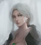  1girl bloodborne blue_eyes eyelashes gem gray_bear jewelry lady_maria_of_the_astral_clocktower lips long_hair low_ponytail necklace nose popped_collar silver_hair simple_background solo the_old_hunters 