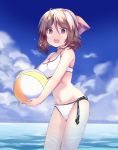  1girl asaoka_(0x0) ball beachball bikini blue_sky bow brown_hair checkered checkered_neckwear clouds commentary_request cosplay cute day drill_hair feet_out_of_frame hair_bow harukaze_(kantai_collection) holding_ball horizon kadokawa kantai_collection necktie ocean open_mouth outdoors red_bow red_eyes sky solo standing swimsuit tenryuu_(kantai_collection) tenryuu_(kantai_collection)_(cosplay) tokyo_mx twin_drills white_bikini 