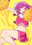  1girl ;d angel_beats! bow cheerleader collared_shirt crop_top floating_hair green_eyes hair_bow hairband looking_at_viewer midriff miniskirt navel one_eye_closed open_mouth pleated_skirt pom_poms purple_hair red_shirt red_skirt sailor_collar shiny shiny_hair shirt short_hair skirt sleeveless sleeveless_shirt smile solo stomach touon white_bow white_hairband white_sailor_collar yellow_background yuri_(angel_beats!) 