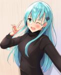  1girl blue_eyes blue_hair blush highres kantai_collection long_hair looking_at_viewer one_eye_closed open_mouth simple_background smile solo suzuya_(kantai_collection) toyomi_13 turtleneck v 