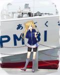  1girl abukuma_(jmsdf) abukuma_(kantai_collection) alternate_costume bike_shorts black_shorts blonde_hair blue_eyes blue_shirt boots chains commentary_request double_bun full_body grey_footwear hair_between_eyes hair_rings highres japan_maritime_self-defense_force japan_self-defense_force kantai_collection long_hair military object_namesake pleated_skirt railing ship shirt short_sleeves shorts shorts_under_skirt skirt solo standing watercraft waving white_skirt yamashiki_(orca_buteo) 