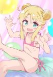  1girl :d ahoge armpit_crease balloon bangs bare_arms bare_legs bare_shoulders bikini blonde_hair blush collarbone commentary_request double_bun eyebrows_visible_through_hair flat_chest green_eyes hair_between_eyes hands_up highres himesaka_noa leg_up long_hair looking_at_viewer open_mouth pink_bikini saeki_tatsuya side-tie_bikini side_bun sidelocks sitting smile solo swimsuit thick_eyebrows watashi_ni_tenshi_ga_maiorita! 