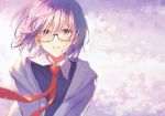  1girl bangs black-framed_eyewear blurry blush commentary_request depth_of_field eyebrows_visible_through_hair fate/grand_order fate_(series) glasses gradient gradient_background grey_jacket hair_between_eyes haru_(hiyori-kohal) jacket looking_at_viewer mash_kyrielight necktie open_clothes open_jacket parted_lips purple_background purple_hair red_neckwear short_hair smile solo upper_body violet_eyes 