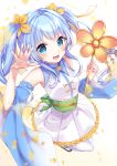  1girl :d absurdres bangs bare_shoulders blue_eyes blue_hair blue_sleeves blurry blurry_foreground blush brown_footwear cherry_blossoms commentary_request copyright_request depth_of_field detached_sleeves eyebrows_visible_through_hair flower frilled_skirt frills hair_flower hair_ornament hands_up highres holding hoshino_yura long_hair long_sleeves obi open_mouth orange_flower pantyhose petals pleated_skirt ribbon-trimmed_sleeves ribbon_trim sash shirt shoes sidelocks skirt sleeveless sleeveless_shirt smile solo twintails very_long_hair white_background white_legwear white_shirt white_skirt wide_sleeves 