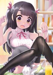  1girl animal bangs bare_arms bare_shoulders black_hair black_legwear blurry blurry_background blush bow breasts brown_eyes cat cattail center_frills collared_shirt commentary_request cup depth_of_field dress_shirt drink drinking_glass drinking_straw eyebrows_visible_through_hair fingernails frills hair_bow highres holding ice ice_cube long_hair medium_breasts neck_ribbon open_mouth original pink_nails plaid plaid_skirt plant pleated_skirt purple_skirt red_bow red_ribbon ribbon rin2008 shirt sidelocks skirt sleeveless sleeveless_shirt solo striped striped_bow thick_eyebrows thigh-highs two_side_up very_long_hair white_cat white_shirt 