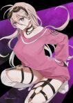  1girl absurdres ahoge alternate_costume antenna_hair arm_support bangs barbed_wire bare_shoulders black_background black_choker black_gloves blonde_hair choker closed_mouth collarbone commentary_request dangan_ronpa_(series) dangan_ronpa_v3:_killing_harmony fingerless_gloves gloves goggles goggles_on_head hair_between_eyes hana_mori_mikan hand_on_hip highres holster huge_filesize iruma_miu jewelry letterboxed long_hair long_sleeves looking_at_viewer messy_hair necklace no_shoes o-ring o-ring_bottom purple_background skindentation smile solo squatting sweater thigh_holster thigh_strap twitter_username white_legwear 