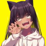  1girl :d absurdres animal_ear_fluff animal_ears bangs black_hair blush brown_eyes cat_ears claw_pose commentary_request dark_skin drawstring eyebrows_visible_through_hair fingernails hair_between_eyes hand_up head_tilt highres hood hood_down hoodie ichiren_namiro long_hair open_mouth original simple_background slit_pupils smile solo upper_body white_hoodie yellow_background 