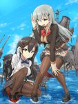  2girls aqua_hair ascot azur_lane bangs black_eyes black_hair black_legwear blazer bow breasts brown_jacket brown_legwear closed_mouth clouds crossover day gloves hair_between_eyes hair_ornament hair_ribbon hairclip hand_on_ear hand_on_own_knee holding holding_sword holding_weapon horns jacket kantai_collection katana kinpira_gobou long_hair long_sleeves multiple_girls namesake open_mouth outdoors pantyhose pleated_skirt ribbon rigging salute school_uniform shirt shoes short_sleeves skirt sky smile suzuya_(azur_lane) suzuya_(kantai_collection) sword thigh-highs water weapon white_gloves yellow_eyes 