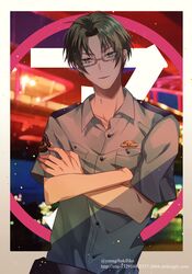  1boy absurdres akutsu_mabu badge blurry blurry_background collared_shirt crossed_arms glasses green_eyes highres looking_at_viewer male_focus photo_background police police_uniform policeman sarazanmai shirt short_sleeves standing twitter_username uniform watermark web_address yanagiba_kiriko 