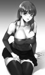  1girl akchu bangs bare_shoulders blush breasts cleavage greyscale highres large_breasts long_hair looking_at_viewer miniskirt mole mole_under_eye monochrome off_shoulder original sitting skirt thigh-highs thighs work_in_progress 