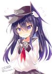  1girl akatsuki_(kantai_collection) anchor_symbol animal_ears blush cat_ears closed_mouth eyebrows_visible_through_hair flat_cap hair_between_eyes hair_ornament hairclip hat highres hizaka kantai_collection long_hair looking_at_viewer messy_hair neckerchief pleated_skirt purple_hair red_neckwear school_uniform serafuku simple_background skirt solo violet_eyes white_background 