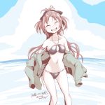  1girl 2019 artist_name ass_visible_through_thighs bikini black_bikini black_ribbon blue_sky blush breasts closed_eyes clouds collarbone dated fangs mahou_shoujo_madoka_magica mr_nini ocean redhead ribbon sakura_kyouko side-tie_bikini sky small_breasts smile solo swimsuit swimsuit_under_clothes 