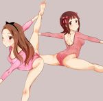  2girls amami_haruka bare_legs black_headwear blush bow breasts brown_hair commentary_request erect_nipples feet feet_out_of_frame green_eyes grey_background hair_bow headband idolmaster idolmaster_(classic) leg_up leotard long_hair long_sleeves looking_at_viewer minase_iori multiple_girls no.gomesu one_eye_closed pink_bow red_eyes short_hair simple_background skin_tight small_breasts smile split spread_legs 