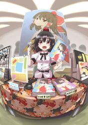  1girl :d bangs belt black_belt black_hair black_neckwear black_ribbon black_skirt blurry book breast_pocket breasts card commentary_request credit_card crowd depth_of_field hair_between_eyes hakurei_reimu hands_up hat highres holding holding_book holding_card indoors kirisame_marisa leaf_print looking_at_viewer neck_ribbon nibi open_mouth pocket puffy_short_sleeves puffy_sleeves red_eyes ribbon shameimaru_aya shirt short_hair short_sleeves skirt small_breasts smile solo table tablecloth tokin_hat touhou translation_request upper_body white_shirt yen_sign 