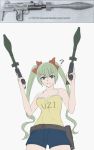  1girl ? belt_pouch breasts dual_wielding explosive girls_frontline green_eyes green_hair grenade hair_ribbon highres holding long_hair medium_breasts micro_uzi_(girls_frontline) pouch real_life ribbon shorts simple_background spitzer tank_top twintails 