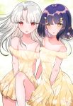  2girls bare_shoulders black_hair collarbone commentary dress eyebrows_visible_through_hair eyes_visible_through_hair fate/kaleid_liner_prisma_illya fate_(series) hair_ornament hairclip hige_(693273545) highres illyasviel_von_einzbern long_hair looking_at_viewer miyu_edelfelt multiple_girls open_mouth red_eyes shiny shiny_hair spaghetti_strap white_hair yellow_dress yellow_eyes 