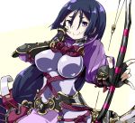  1girl armor black_gloves blue_hair bodysuit bow_(weapon) breasts closed_mouth covered_navel dark_blue_hair fate/grand_order fate_(series) furrowed_eyebrows gloves hair_between_eyes hand_on_own_face hand_up holding holding_bow_(weapon) holding_weapon japanese_armor kote loincloth long_hair looking_at_viewer low-tied_long_hair medium_breasts minamoto_no_raikou_(fate/grand_order) n36hoko pelvic_curtain purple_bodysuit smile solo very_long_hair violet_eyes weapon 