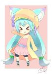  &gt;_&lt; 1girl animal_ear_fluff animal_ears aqua_hair bangs belt belt_buckle bike_shorts black_shorts blue_belt blush brown_background brown_footwear brown_headwear brown_jacket buckle chibi chita_(ketchup) closed_eyes collarbone copyright_request dress eyebrows_visible_through_hair full_body hair_between_eyes hair_ornament hat jacket kneehighs long_hair long_sleeves low-tied_long_hair open_clothes open_jacket outstretched_arm parted_lips pink_dress safety_pin shoes short_eyebrows short_shorts shorts shorts_under_dress signature sleeves_past_wrists smile solo standing striped striped_legwear thick_eyebrows two-tone_background white_background 