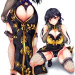  1girl ass ass_cutout black_hair black_panties blue_ribbon breasts china_dress chinese_clothes dress elbow_gloves fishnets gloves high_heels highres lace lace-trimmed_panties large_breasts long_hair looking_at_viewer misakana original panties ribbon solo squatting thighs underwear 