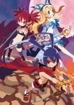  1boy 2girls angel angel_wings antenna_hair black_gloves blonde_hair bloomers blue_eyes blue_hair boots bracelet choker demon_boy demon_girl demon_wings detached_sleeves disgaea earrings elbow_gloves etna feathered_wings flonne full_moon gloves hair_ribbon hands_together harada_takehito holding holding_spear holding_staff holding_sword holding_weapon jewelry laharl looking_at_viewer mini_wings moon multiple_girls navel official_art open_mouth pencil_skirt planted_sword planted_weapon pointy_ears polearm red_eyes red_wings redhead ribbon scarf shorts skirt skull_earrings slit_pupils smile spear staff standing sword twintails underwear v_arms weapon white_footwear white_wings wings 