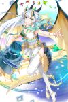  1girl aiolos_(soccer_spirits) aqua_eyes breasts cleavage dragon_horns dragon_tail dragon_wings dress earrings flower gem green_eyes head_wreath high_heels horns jewelry long_hair looking_at_viewer medium_breasts official_art pointy_ears skirt skirt_hold smile soccer_spirits solo standing standing_on_one_leg tail thigh-highs tuuuh very_long_hair white_dress white_hair white_skirt wings 