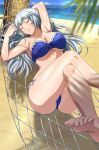  1girl armpits barefoot beach bikini blue_bikini blurry_foreground breasts chouun_shiryuu closed_eyes collarbone crossed_legs day frilled_bikini frills hammock highres ikkitousen large_breasts long_hair lying ocean on_back outdoors shiny shiny_hair shiny_skin sideboob silver_hair smile soles solo striped striped_bikini sunlight swimsuit under_boob very_long_hair 