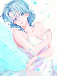  1girl blue_(happinesscharge_precure!) blue_eyes blue_hair breasts cleavage collarbone dress eyebrows_visible_through_hair genderswap genderswap_(mtf) hair_between_eyes happinesscharge_precure! highres looking_at_viewer medium_breasts precure shiny shiny_skin shipu_(gassyumaron) short_hair sleeveless sleeveless_dress solo sundress white_dress 