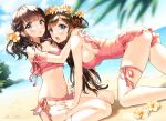  2girls :o all_fours ancotaku artist_name ass bare_arms bare_shoulders beach bikini blue_eyes blue_sky blurry blurry_foreground blush breasts brown_hair cleavage clouds cloudy_sky collarbone commentary_request day depth_of_field dutch_angle eyebrows_visible_through_hair fang female flower hair_flower hair_ornament head_wreath horizon large_breasts leaf long_hair looking_at_viewer medium_breasts mole mole_under_eye multiple_girls navel ocean one-piece_swimsuit open_mouth original outdoors parted_lips pink_bikini pink_swimsuit polka_dot polka_dot_bikini polka_dot_swimsuit sand shadow shiny shiny_hair short_hair side-tie_bikini sidelocks signature sitting skindentation sky stomach sunlight swimsuit thigh_strap thighs wariza water wavy_hair x_hair_ornament yellow_flower 