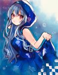  1girl air_bubble animal_print bangs bare_arms bare_shoulders beniko_(ymdbnk) blue_dress blue_hair bubble dress eyebrows_visible_through_hair fish hair_between_eyes highres hood hood_up hooded_dress leaning_forward long_hair looking_at_viewer original parted_lips print_dress red_eyes skirt_hold sleeveless sleeveless_dress solo underwater very_long_hair water 
