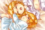  1boy 1girl bed_sheet blonde_hair blue_pajamas blush brother_and_sister child closed_eyes fetal_position hair_grab hair_ornament hairclip kagamine_len kagamine_rin lying messy midriff_peek mutsuo_(ragi-ichi) navel on_back on_side open_mouth pajamas parted_lips pink_pajamas saliva shirt_lift short_ponytail siblings sleeping star star_(sky) starry_background twins vocaloid younger 