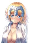  1girl blonde_hair blue_eyes blush braid breasts cleavage collarbone dress_shirt fate/grand_order fate_(series) headpiece jeanne_d&#039;arc_(fate) jeanne_d&#039;arc_(fate)_(all) large_breasts long_braid long_hair looking_at_viewer mishiro0229 open_clothes open_shirt shirt simple_background single_braid solo sweat white_background 