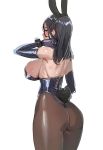  1girl adjusting_hair animal_ears ass back bangs black_hair bow_(bhp) breasts bunny_girl bunny_tail commentary_request elbow_gloves from_behind gloves huge_breasts large_breasts leotard long_hair looking_back original pantyhose rabbit_ears sideboob smile tail 