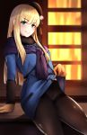  1girl bangs black_legwear blonde_hair blue_coat blue_eyes brown_gloves eyebrows_visible_through_hair fate/grand_order fate_(series) gloves hair_ornament hat highres long_hair long_sleeves lord_el-melloi_ii_case_files panties panties_under_pantyhose pantyhose purple_scarf reines_el-melloi_archisorte scarf shumiao sidelocks smile solo underwear white_panties 