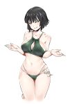 1girl :q artist_name bangs bare_arms bare_shoulders bikini black_hair blunt_bangs blush breasts cleavage cleavage_cutout closed_mouth collarbone commentary_request cowboy_shot fubuki_(one-punch_man) green_bikini green_eyes hands_up large_breasts looking_at_viewer navel one-punch_man relaxjon short_hair simple_background solo stomach swimsuit thighs tongue tongue_out w_arms white_background 