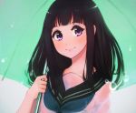  1girl bangs black_hair blunt_bangs chitanda_eru droplets green_umbrella hanr10 holding holding_umbrella hyouka long_hair looking_at_viewer school_uniform serafuku smile solo umbrella upper_body violet_eyes white_background 