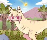  1girl animal_ear_fluff animal_ears animalization bangs blonde_hair blue_sky blush bush clouds day dinosaur eyebrows_visible_through_hair fox_ears hair_between_eyes highres kemomimi-chan_(naga_u) long_hair looking_at_viewer meteor mountain naga_u original outdoors palm_tree red_eyes sidelocks sky solo tree tyrannosaurus_rex 