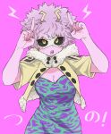  ! 1girl absurdres ashido_mina black_sclera boku_no_hero_academia breasts cleavage commentary_request dress eyebrows_visible_through_hair glasses green_dress highres horns jacket jipponwazaari large_breasts pink_background pink_hair pink_skin pointing pointing_up purple_dress short_hair short_sleeves simple_background solo teeth translated upper_body yellow_eyes yellow_jacket 