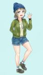  1girl :d arm_up beanie blue_background blue_eyes blue_headwear blue_shorts casual commentary_request denim denim_shorts green_jacket hand_in_pocket hat highres jacket light_brown_hair long_sleeves looking_at_viewer love_live! love_live!_school_idol_project love_live!_sunshine!! open_clothes open_jacket open_mouth rama_(yu-light8) short_hair shorts simple_background smile socks solo standing watanabe_you white_legwear 