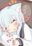  1girl admiral_(kantai_collection) animal_ear_fluff animal_ears bangs black_sailor_collar blue_hair blush cat_ears closed_eyes comma couch eyebrows_visible_through_hair facing_viewer fang hair_between_eyes heart hibiki_(kantai_collection) highres kantai_collection kemonomimi_mode long_hair long_sleeves out_of_frame parted_lips ridy_(ri_sui) sailor_collar shirt sleeves_past_wrists smile solo_focus translation_request upper_body white_shirt 