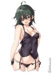  1girl ahoge artist_name black_panties blush breasts bustier cleavage commentary_request covered_navel cowboy_shot cropped_legs ebifurya eyepatch garter_straps green_eyes green_hair hair_between_eyes hand_on_own_chest highres kantai_collection kiso_(kantai_collection) lingerie open_mouth panties short_hair side-tie_panties simple_background small_breasts solo string_panties thigh-highs underwear underwear_only white_background 